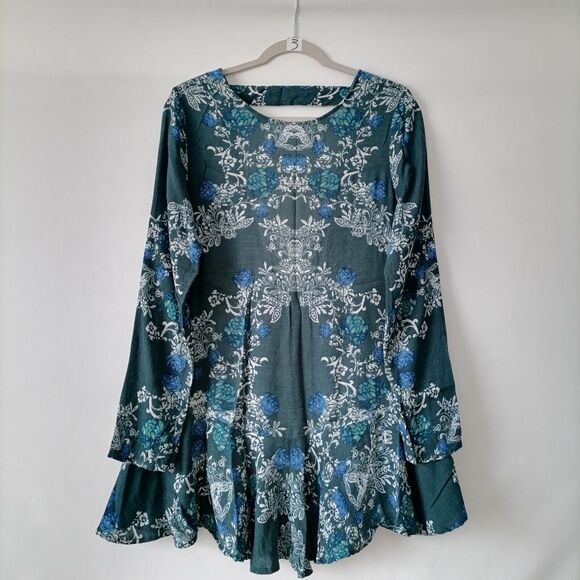 Free People Smooth Talker Teal Floral Emerald Pockets Mini Tunic Dress Size S - Picture 1 of 7